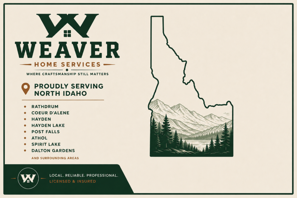 Proudly Serving North Idaho
Rathdrum
Coeur d'Alene
Hayden
Hayden Lake
Post Falls
Athol
Spirit Lake
Dalton Gardens
Then add one sentence:
Looking for a trusted handyman in North Idaho? Weaver Home Services proudly provides quality home repairs, carpentry, drywall repair, TV mounting, and home maintenance throughout the region.